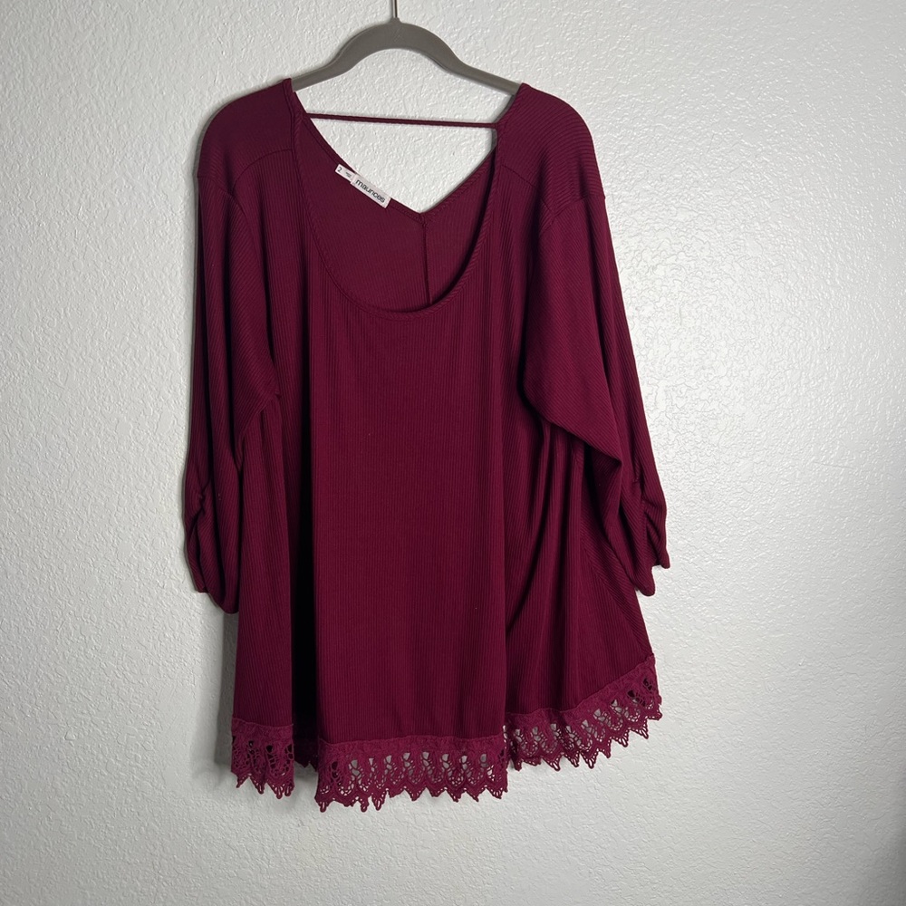 Maurices Maroon Quarter Sleeve Lace Trim Blouse Size 2X